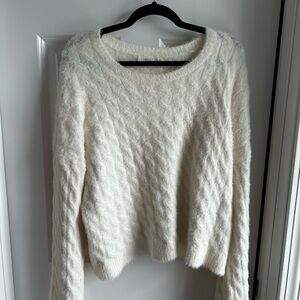 Cyrus Cream Fuzzy Cable-Textured Crew Neck Sweater